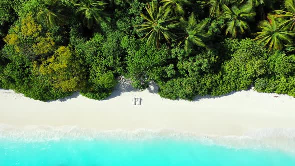 Aerial drone scenery of paradise seashore beach vacation by blue water and clean sandy background of