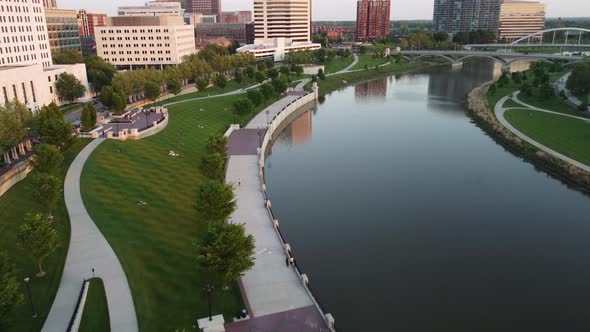 Scioto Mile in Columbus on the Scioto River at dusk