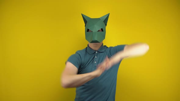 Young Man in a Cardboard Jackal Mask Dances on a Yellow Background. Man in a Green Polo and Mask.