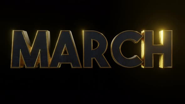 3d march text metal gold effect on black isolated background . 3d illustration rendering . 4k video