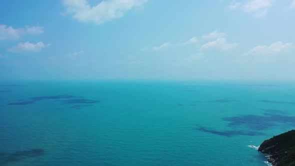 Aerial top down tourism of paradise bay beach journey by blue ocean and white sandy background of a 