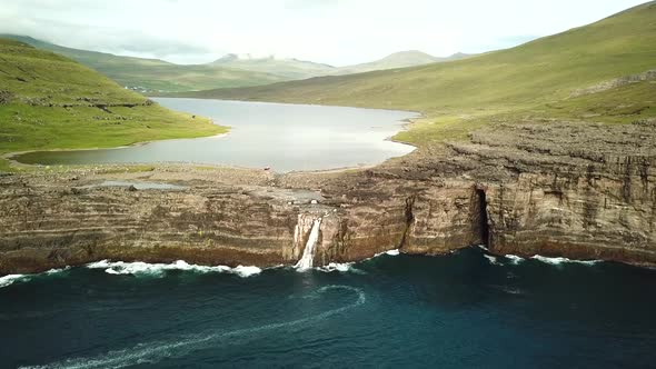 Aerial View of Sorvagsvatn Lake or Leitisvatn Biggest Lake in Faroe Islands