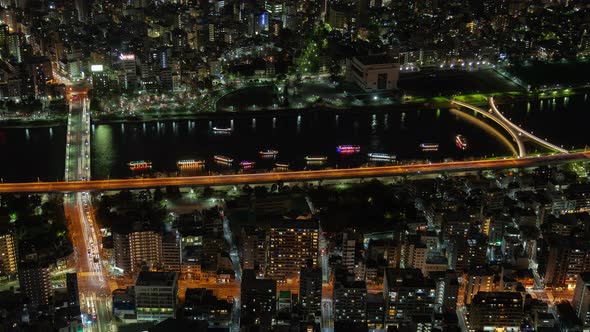 Epic Night River Aerial Cityscape Traffic Tokyo