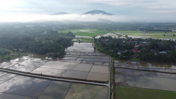 Aerial view reflection of sky at the water paddy