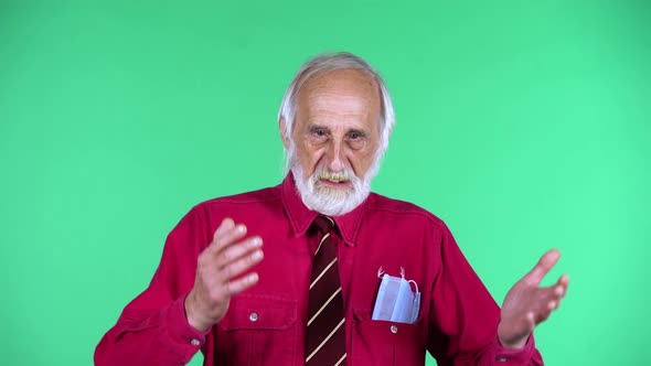 Portrait of Happy Old Aged Man 70s Communicates with Someone, Isolated Over Green Background.