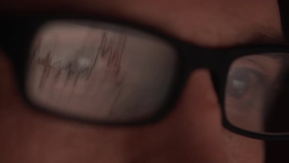 Close Up Footage of Reflection of Charts in the Glasses of Caucasian Male in Slowmotion