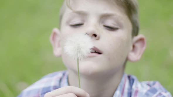 Boy blowing dandelion seedhead in slow motion