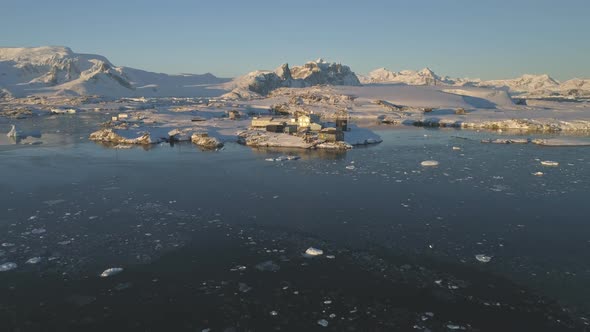 Vernadsky Base, Antarctic Landscape. Aerial Drone Shot.
