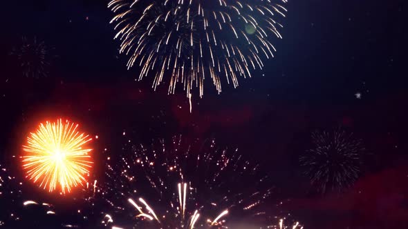  Beautiful Multi colored Fireworks in Night sky. New year's Fireworks Show Explosions