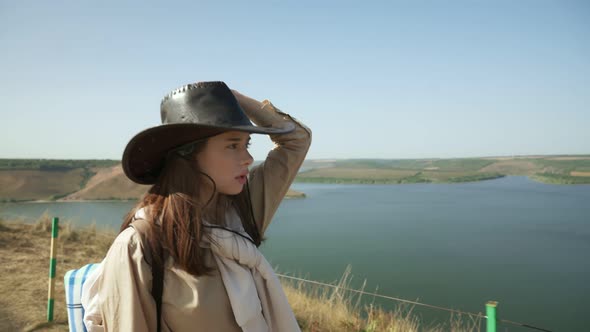 Traveller Hiking on Mountain Peak Near Dniester River