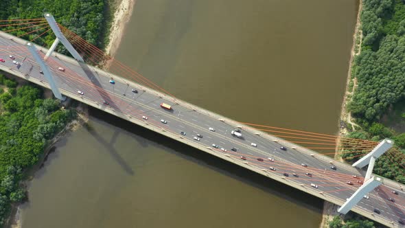 Drone view landscape highway bridge over river. Areal view city road landscape