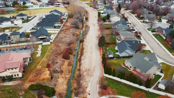 Aerial View Autumn Time Establishing Shot of American Neighborhood Suburb