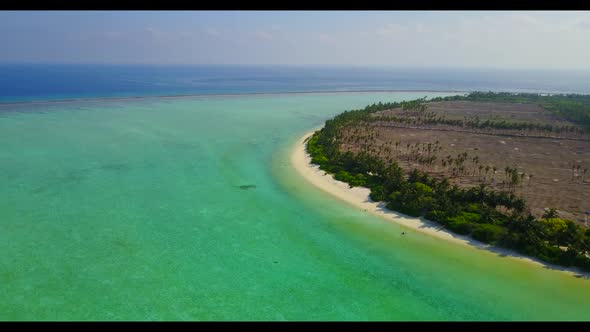 Aerial above panorama of idyllic tourist beach wildlife by shallow lagoon and white sandy background