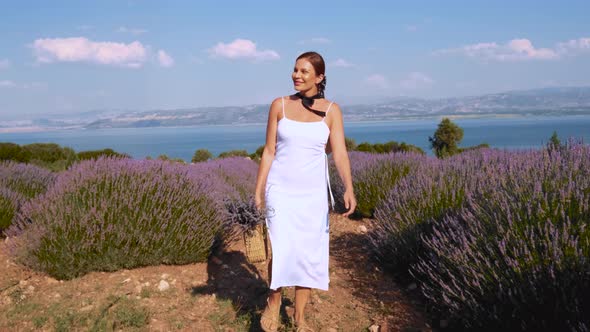 Tourist Woman in Lavender Flowers Field
