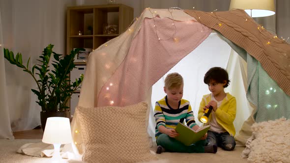 Happy Boys Reading Book in Kids Tent at Home