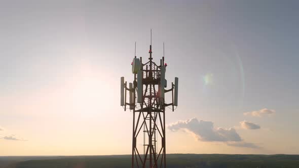 Aerial View Around of the Cellular Telecom Tower