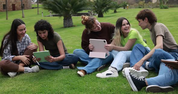 Young friends studying together outdoor sitting in university park