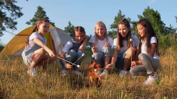 Group of Happy Kids Roasting Marshmallows on Camp Fire