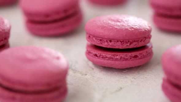 Closeup View of Many Rows of Pink Macarons Macaroon on White Background