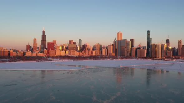 Chicago at Golden Hour During Polar Vortex - Aerial View