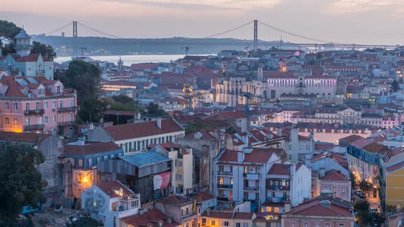 Lisbon After Sunset Aerial Panorama View of City Centre with Red Roofs at Autumn Day To Night