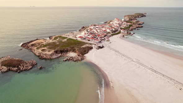 Aerial View of Baleal Peninsula with Incredible Beach in West Coast of Portugal