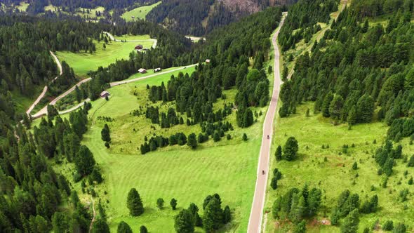 Mountain road at Passo delle Erbe in Dolomites, aerial view