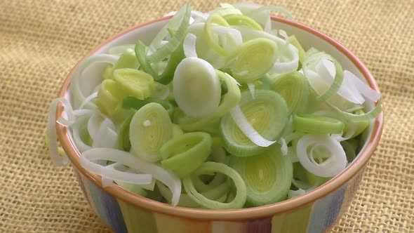 Fresh chopped leek in a ceramic bowl isolated. 