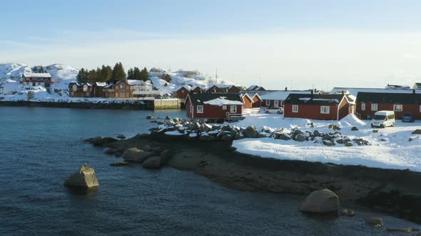 Famous Multicolored Wooden Fishing Houses Rorbu On A Sea Shore