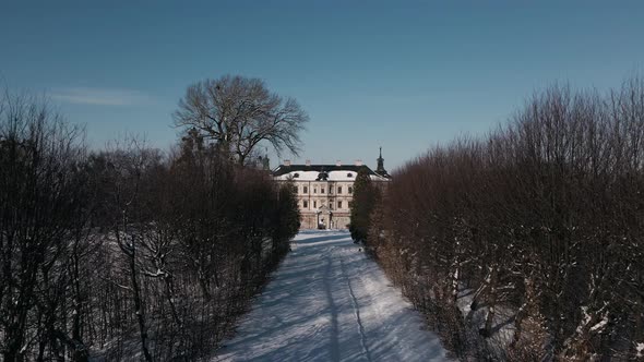 Aerial View of the Historic Old Castle at Sunny Winter Day Pidhirtsi Palace