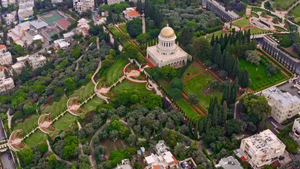 Bahai temple and gardens in Haifa, Israel, 4k aerial drone view