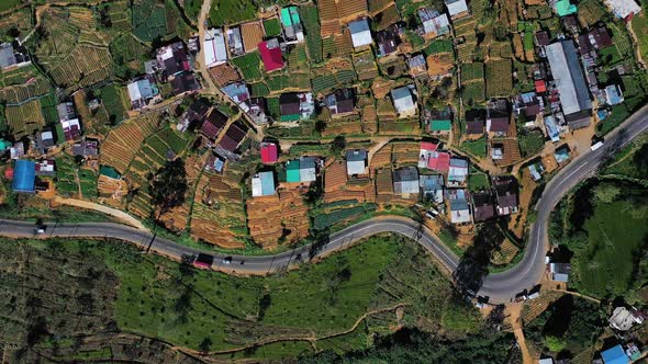 Aerial view of houses in countryside near Nuwara Eliya, Sri Lanka