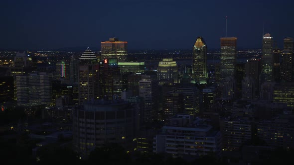 Pan right view of Downtown Montreal, at night