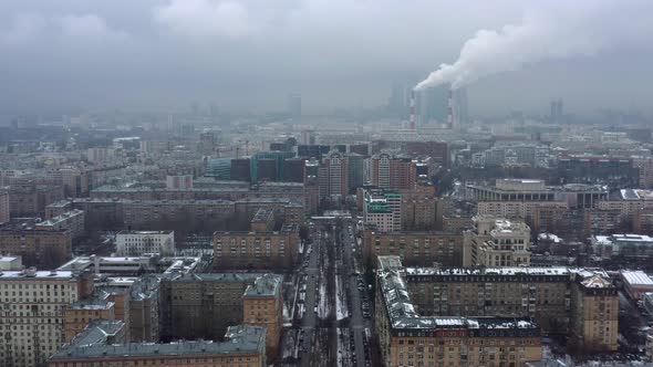 Aerial Shot of City Center of Residential Area in Moscow, Russia. Drone Is Hovering Over the Central