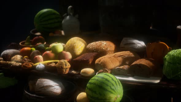 Food Table with Wine Barrels and Some Fruits, Vegetables and Bread