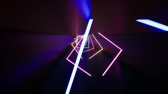 Fluorescent Ultraviolet Light Glowing Neon Lines Moving Forward Inside Tunnel