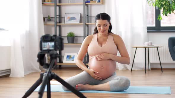 Happy Pregnant Woman Blogger Recording Yoga Video