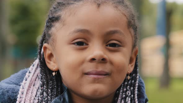 Closeup Portrait African American Little Kid Thoughtfully Looking at Camera Sligh Smiling Cute Afro