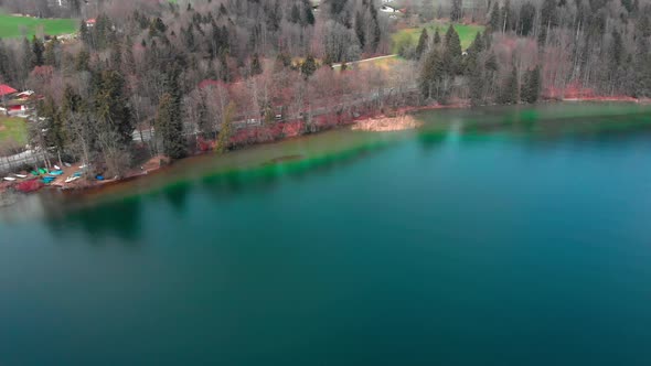 Fast aerial approach of the coastline of the lake Tegernsee in Bavaria with crystal clear water.