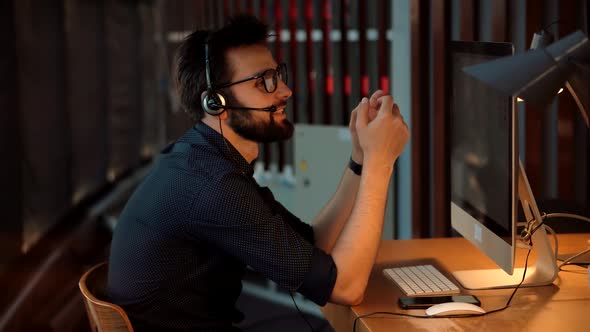 Businessman In Office Working.Helpdesk Internet Online Meeting In Office Webinar Talking On Webcam.