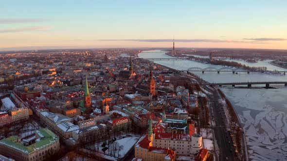 Aerial Winter Riga Old Town View