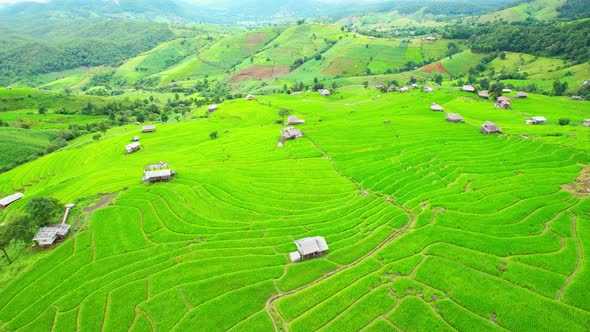 Aerial view of drones flying over rice terraces