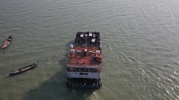 Aerial view of a ferry boat crossing the Padma River, Bangladesh.