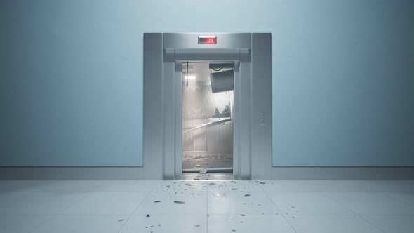Animation of the modern ruined elevator with flickering light.Scary accident.4K