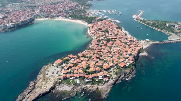 Aerial view of the old town of Sozopol. Sozopol is an ancient seaside town near Burgas, Bulgaria