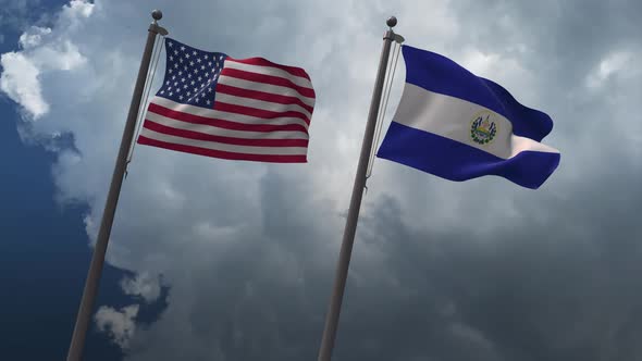 Waving Flags Of The United States And El Salvador 4K