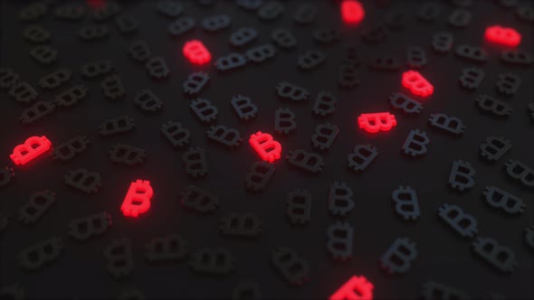 Glowing Red Bitcoin Signs Among Black Symbols