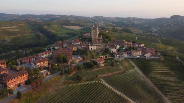 Serralunga d'Alba and Medieval Castle in Langhe Vineyards, Piedmont Italy Aerial View