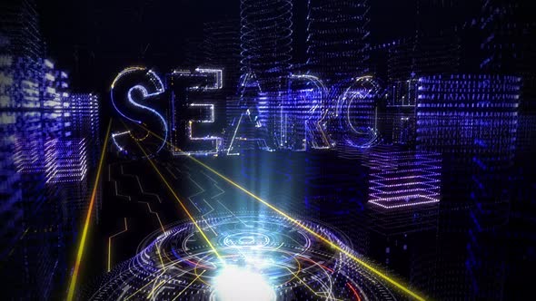 The word Search is Projected With Holographic 3D Letters. Computer Graphics