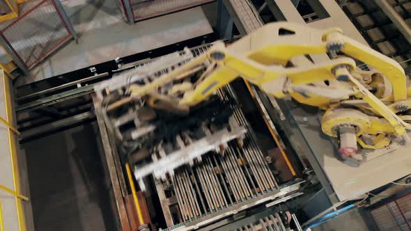 A Machine Puts Bricks on a Working Conveyor at a Plant.